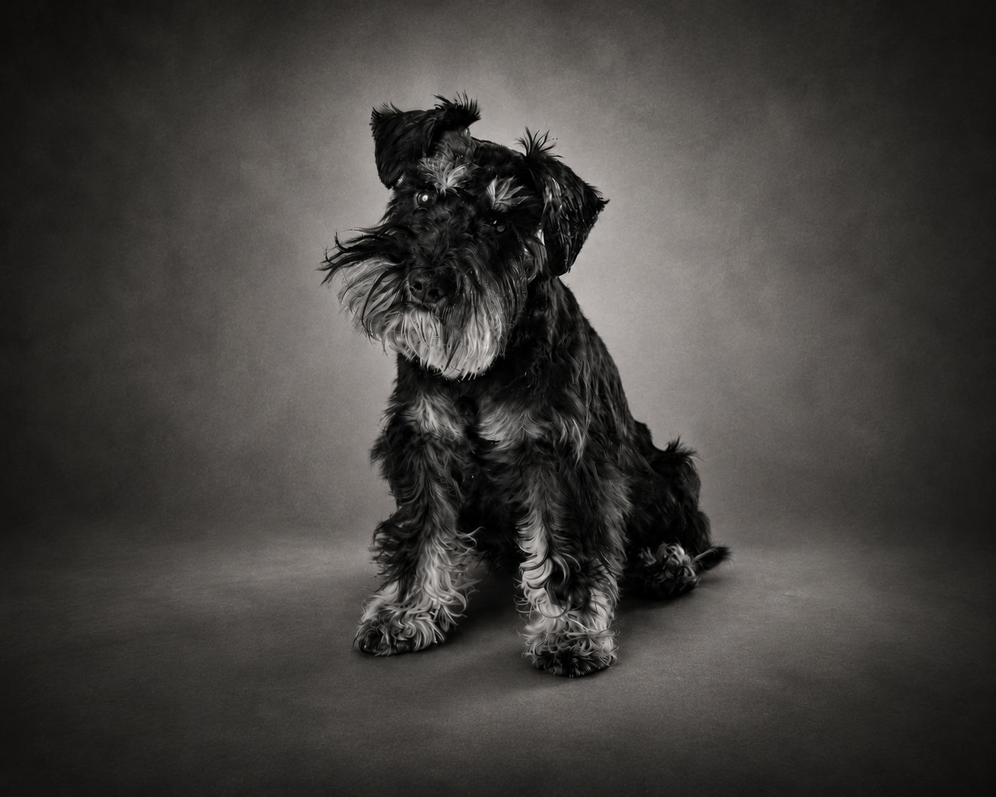 Fine art zwart-wit portret van een Dwergschnauzer in studioverlichting door Greycard