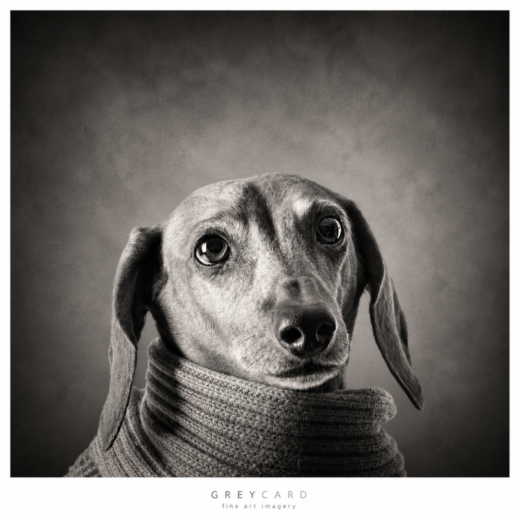 Zwart-wit portret van een teckel met gebreide sjaal – Greycard fine art imagery